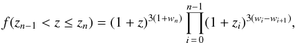 \begin{equation} \label{eq:fzbinned} f(z_{n-1}<z \le z_n)= (1+z)^{3(1+w_n)}\prod_{i\,=\,0}^{n-1}(1+z_i)^{3(w_i-w_{i+1})}, \end{equation}