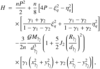 \begin{eqnarray} H & = & \frac{nP^2}{2}+\frac{n}{8}\left[4P-\xi_q^2-\eta_q^2\right] \nonumber \\ & & \times\left[\frac{\gamma_1+\gamma_2}{1-\gamma_1-\gamma_2}\xi_q^2+\frac{\gamma_1-\gamma_2}{1-\gamma_1+\gamma_2}\eta_q^2\right] \nonumber \\ & & -\frac{3}{2n}\frac{\mathcal{G}M_{\protect\saturn}}{d_{\protect\saturn}^3}\left(1+\frac{5}{2}J_{2{}}\left(\frac{R_{\protect\saturn}}{d_{\protect\saturn}}\right)^2\right) \nonumber \\ & & \times \left[\gamma_1\left(x_{\protect\saturn}^2+y_{\protect\saturn}^2\right)+\gamma_2\left(x_{\protect\saturn}^2-y_{\protect\saturn}^2\right)\right], \label{equ:Htotal} \end{eqnarray}