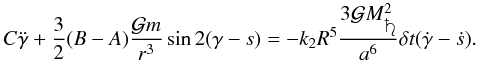 \begin{equation} C \ddot \gamma + \frac{3}{2} (B-A) \frac{\mathcal{G}m}{r^3} \sin{2(\gamma - s)} = -k_2 R^5 \frac{3 \mathcal{G}M_{\protect\saturn}^2}{a^6} \delta t ( \dot{\gamma} - \dot{s} ). \label{eq:gammalindissip} \end{equation}