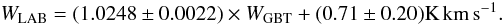 \begin{equation} W_{\rm LAB} = ( 1.0248 \pm 0.0022 ) \times W_{\rm GBT} + ( 0.71 \pm 0.20 ) {\rm K} \, \kms. \label{lab_match_with_aWC} \end{equation}