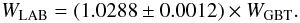\begin{equation} W_{\rm LAB} = ( \labvsgbtratio \pm 0.0012 ) \times W_{\rm GBT}. \label{lab_match_zero_a} \end{equation}