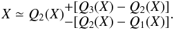 \begin{equation} X\simeq Q_2(X)_{\displaystyle-[Q_2(X)-Q_1(X)]}^{\displaystyle+[Q_3(X)-Q_2(X)]}. \label{eq:median} \end{equation}