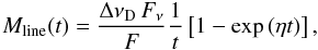 \begin{equation} \label{eq:cakline} M_{\rm line}(t) = \frac{\Delta\nu_{\rm D} \,F_{\nu}}{F} \frac{1}{t} \left[ 1-\exp{(\eta t)} \right], \end{equation}