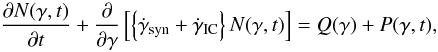 \begin{equation} \frac{\partial N(\gamma,t)}{\partial t} + \frac{\partial }{\partial \gamma} \left[ \left\{ \dot{\gamma}_{\rm syn} + \dot{\gamma}_{\rm IC}\right\} N(\gamma,t) \right] = Q(\gamma) + P(\gamma, t), \end{equation}