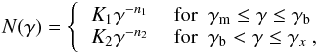 \appendix \setcounter{section}{2} \begin{equation} N(\gamma) = \left\{ \begin{tabular}{ll} $K_1 \gamma^{-n_1}$ & ${\rm for}~~ \gamma_{\rm m} \le \gamma \le \gamma_{\rm b}$ \\ $K_2 \gamma^{-n_2}$ & ${\rm for}~~ \gamma_{\rm b} < \gamma \le \gamma_x$ , \end{tabular} \right. \label{eq_bpl_esp} \end{equation}