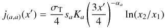 \appendix \setcounter{section}{2} \begin{equation} j_{(a,a)}(x') = \frac{\sigma_{\rm T}}{4} s_a K_a \left( \frac{3 x'}{4}\right)^{-\alpha_a} \ln(x_2/x_1) \label{eq_com_aa} \end{equation}