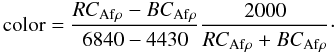 \begin{equation} \label{Afrho_formula} {\rm color} = \frac{RC_{\rm Af\rho}-BC_{\rm Af\rho}}{6840-4430}\frac{2000}{RC_{\rm Af\rho}+BC_{\rm Af\rho}}\cdot \end{equation}