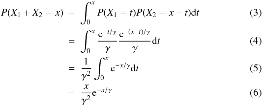 \begin{eqnarray} P(X_1+X_2=x) & = & \int_{0}^{x} P(X_1=t)P(X_2=x-t){\rm d}t \\ & = & \int_{0}^{x} \frac{{\rm e}^{-t/\gamma}}{\gamma} \frac{{\rm e}^{-(x -t)/\gamma}}{\gamma} {\rm d}t \\ & = & \frac{1}{\gamma^2} \int_{0}^{x} {\rm e}^{-x/\gamma} {\rm d}t \\ & =& \frac{x}{\gamma^2} {\rm e}^{-x/\gamma} \end{eqnarray}