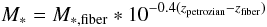 $$ M_{*}=M_{*,\rm fiber}*10^{-0.4(z_{\rm petrozian}-z_{\rm fiber})} $$