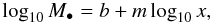 \begin{equation} \log_{10}M_{\bullet} = b+m \log_{10}x, \label{Eq_01} \end{equation}