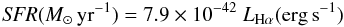 \begin{equation} {\it SFR}(\msun\,{\rm yr}^{-1}) =7.9 \times 10^{-42}~\lha ({\rm erg\,s}^{-1}) \end{equation}