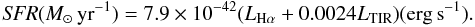 \begin{equation} {\it SFR}(\msun\, {\rm yr}^{-1}) =7.9 \times 10^{-42} (\lha+0.0024\ltir) ({\rm erg\,s}^{-1}). \end{equation}
