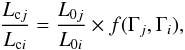 \begin{equation} \frac{L_{{\rm c}j}}{L_{{\rm c}i}}=\frac{L_{0j}}{L_{0i}}\times f(\Gamma_{j},\Gamma_{i}), \end{equation}