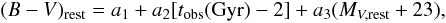 \begin{equation} (B-V)_{\rm rest}=a_1+a_2[t_{\rm obs}({\rm Gyr})-2] +a_3(M_{V,{\rm rest}}+23), \label{bmv2fit} \end{equation}