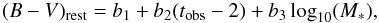 \begin{equation} (B-V)_{\rm rest}=b_1+b_2(t_{\rm obs}-2) +b_3\log_{10}(M_*), \end{equation}