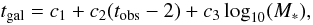 \begin{equation} t_{\rm gal}=c_1+c_2(t_{\rm obs}-2) +c_3\log_{10}(M_*), \end{equation}