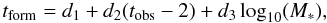 \begin{equation} t_{\rm form}=d_1+d_2(t_{\rm obs}-2)+ d_3\log_{10}(M_*), \end{equation}