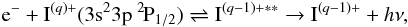 \begin{eqnarray} \label{Eq:DR} {\rm{e}}^{-} + {\rm{I}}^{(q)+}(3{\rm s}^{2}3{\rm p}\ ^{2\!}{\rm P}_{1/2}) \rightleftharpoons {\rm{I}}^{(q-1)+\ast\ast} \rightarrow {\rm{I}}^{(q-1)+} + h\nu , \end{eqnarray}