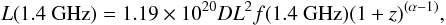 \begin{equation} L(1.4~{\rm GHz})=1.19\times 10^{20} DL^2 f(1.4 ~{\rm GHz}) (1+z)^{(\alpha-1)}, \end{equation}