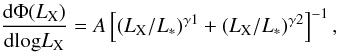 \begin{equation} \frac{{\rm d} \Phi (L_{\rm X})}{{\rm d log} L_{\rm X}} = A \left[(L_{\rm X}/L_{*})^{\gamma 1} + (L_{\rm X}/L_{*})^{\gamma 2}\right]^{-1}, \end{equation}