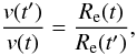 \begin{equation} \frac{\veq(t')}{\veq(t)} = \frac{R_{\rm e}(t)}{R_{\rm e}(t')}, \label{veq_difveq} \end{equation}