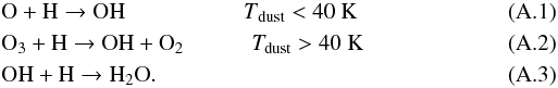\appendix \setcounter{section}{1} \begin{eqnarray} \label{OHformation_routes1}&& \rm O + H \rightarrow \rm OH \ \ \ \ \ \ \ \ \ \ \ \ \ \ \ \ \ \ \ \ \ {\it T}_{\rm{dust}} < 40~K \\ \label{OHformation_routes2}&& \rm O_3 + H \rightarrow \rm OH + O_2 \ \ \ \ \ \ \ \ \ \ \ \ {\it T}_{\rm{dust}} > 40~K \\ \label{H2Oformation_route}&& \rm OH + H \rightarrow \rm H_2O. \end{eqnarray}