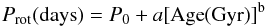 \begin{equation} \label{eqrotage} P_{\rm rot}({\rm days})=P_{0}+a [{\rm Age} ({\rm Gyr})]^{\rm b} \end{equation}