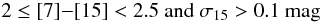 $$ 2 \leq [7] {-} [15] < 2.5 \ \textnormal{and} \ \sigma_{15} > 0.1~\textnormal{mag} $$