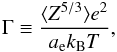 \begin{equation} \Gamma \equiv \frac{ \langle Z^{5/3} \rangle e^2}{a_{\rm e} k_{\rm B} T}, \label{gamma} \end{equation}