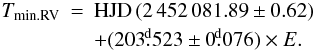 \begin{eqnarray} T_{\rm min.RV} &=& {\rm HJD}\,(2\,452\,081.89\pm0.62)\nonumber\\ \label{efe} &&+ (203\fd523\pm0\fd076) \times E. \end{eqnarray}