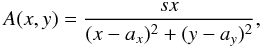 \begin{equation} A(x,y) = \frac{s x}{(x-a_x)^2 + (y-a_y)^2} , \label{eq:A_func} \end{equation}