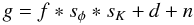 \begin{equation} g = f * s_\phi * s_K + d + n \label{eq:1} \end{equation}
