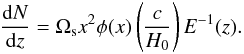 \begin{equation} \frac{{\rm d}N}{{\rm d}z}=\Omega_{\rm s} x^{2}\phi(x)\left(\frac{c}{H_{0}}\right) E^{-1}(z). \end{equation}