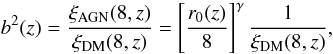 \begin{equation} \label{eq:biasdef} b^2(z)=\frac{\xi_{\rm AGN}(8,z)}{\xi_{\rm DM}(8,z)}=\left[\frac{r_{0}(z)}{8}\right]^{\gamma} \frac{1}{\xi_{\rm DM}(8,z)}, \end{equation}