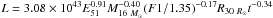 \hbox{$L=3.08\times10^{43}E_{51}^{0.91}M_{16~\Msun}^{-0.40}(F1/1.35)^{-0.17}R_{30~\Rsun}t^{-0.34}$}