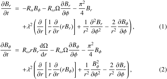 \begin{eqnarray} \nonumber \label{evolBr} \frac{\partial B_r}{\partial t}&=& -R_\alpha B_\phi-R_\omega\Omega\frac{\partial B_r}{\partial \phi}-\frac{\pi^2}{4} B_r\\&&+\lambda^2\left(\frac{\partial}{\partial r}\left[\frac{1}{r}\frac{\partial}{\partial r}(rB_r)\right]+\frac{1}{r^2}\frac{\partial^2B_r}{\partial\phi^2}-\frac{2}{r^2}\frac{\partial B_\phi}{\partial\phi}\right) , \\[2.5mm] \nonumber \label{evolBphi} \frac{\partial B_\phi}{\partial t}&=& R_\omega r B_r\frac{{\rm d}\Omega}{{\rm d}r}-R_\omega\Omega\frac{\partial B_\phi}{\partial \phi}-\frac{\pi^2}{4} B_\phi\\&&+\lambda^2\left(\frac{\partial}{\partial r}\left[\frac{1}{r}\frac{\partial}{\partial r}(rB_\phi)\right] +\frac{1}{r^2}\frac{B_\phi^2}{\partial \phi^2}-\frac{2}{r^2}\frac{\partial B_r}{\partial \phi}\right), \end{eqnarray}