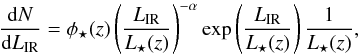 \begin{equation} \frac{{\rm d}N}{{\rm d}L_{\rm IR}} = \phi_\star(z) \left ( \frac{L_{\rm IR}}{L_\star(z)} \right )^{-\alpha} \textrm{exp} \left ( \frac{L_{\rm IR}}{L_\star(z)} \right ) \frac{1}{L_\star(z)}, \end{equation}