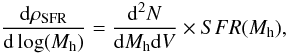\begin{equation} \frac{{\rm d} \rho_{\rm SFR}}{{\rm d} \log(M_{\rm h})} = \frac{{\rm d}^2 N}{{\rm d} M_{\rm h} {\rm d} V} \times SFR(M_{\rm h}), \end{equation}