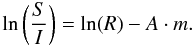 \begin{equation} \label{eq:res} \ln \left(\frac{S}{I}\right) = \ln (R) - A \cdot m. \end{equation}