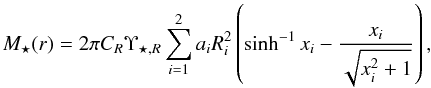 \begin{equation} \label{eq:starmass2} M_{\star}(r)=2\pi C_R\Upsilon_{\star,R}\sum_{i=1}^2 a_i R_i^2\left(\sinh^{-1}x_i-\frac{x_i}{\sqrt{x_i^2+1}}\right), \end{equation}