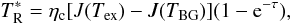 \begin{equation} \tp{R}{*} = \eta_{\rm c} [J(\tex)-J(\tbg)] (1-\expo{-\tau}), \label{eq:deteq} \end{equation}