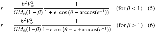 \begin{eqnarray} \label{eq:trajpolcoord1}r &=& \frac{b^2 V_\infty^2}{GM_\odot(1-\beta)} \frac{1}{1+e \; \cos \left( \theta- \arccos(e^{-1})\right)} \;\;\;\; ({\rm for \;}\beta < 1) \\ \label{eq:trajpolcoord2} r &=& \frac{b^2 V_\infty^2}{GM_\odot(1\!-\!\beta)} \frac{1}{1\!-\!e \cos \left( \theta- \pi \!+\! \arccos (e^{-1})\right)} \;\;\; ({\rm for \;}\beta > 1) \end{eqnarray}