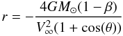 \begin{equation} r = - \frac{4GM_\odot (1-\beta)}{V_\infty^2(1+\cos(\theta))} \label{eq:betaconepolarcoord} \end{equation}
