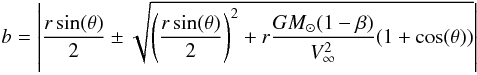 \begin{equation} b = \left| \frac{r \sin(\theta)}{2} \pm \sqrt{\left( \frac{r \sin(\theta)}{2} \right)^2 + r \frac{GM_\odot (1-\beta)}{V_\infty^2} (1+\cos(\theta))} \right| \end{equation}