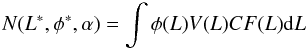 \begin{equation} N(L^*,\phi^*,\alpha)=\int \phi(L)V(L)CF(L)\mathrm{d}L \label{eq:number_counts} \end{equation}