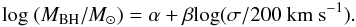 \begin{equation} {\rm log}~(M_{\rm BH}/M_\odot) = \alpha +\beta {\rm log}(\sigma/200~{\rm km~s^{-1}}). \end{equation}