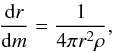 \begin{equation} \frac{{\rm d}r}{{\rm d}m} = \frac{1}{4\pi r^2 \rho}, \label{eq:mass} \end{equation}