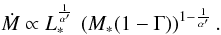 \begin{equation} \Mdot \propto \Lstar^{\frac{1}{\alpha'}}\, \left(\Mstar(1-\Gamma)\right)^{1-{\frac{1}{\alpha'}}} . \label{mdotlm} \end{equation}
