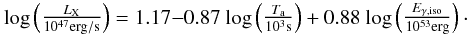 \begin{equation} \begin{array}{rcl} {\rm log}\left(\frac{L_{\rm X}}{10^{47}{\rm erg/s}}\right)=1.17{-}0.87~{\rm log} \left(\frac{T_{\rm a}}{10^{3}\rm s}\right) +0.88{\rm ~log}\left(\frac{E_{\gamma,\rm iso}}{10^{53}\rm erg}\right)\cdot \end{array} \end{equation}