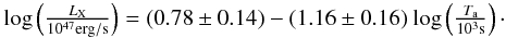 \begin{equation} \begin{array}{rcl} {\rm log}\left(\frac{L_{\rm X}}{10^{47}\rm erg/s}\right)=(0.78\pm0.14) -(1.16\pm0.16){\rm ~log}\left(\frac{T_{\rm a}}{10^{3}\rm s}\right)\cdot \end{array} \end{equation}